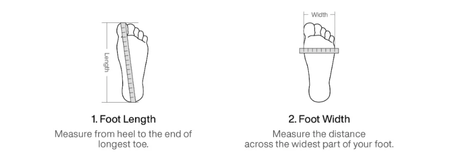 Foot measurement diagram — length from heel to longest toe, and width across the widest part of the foot.